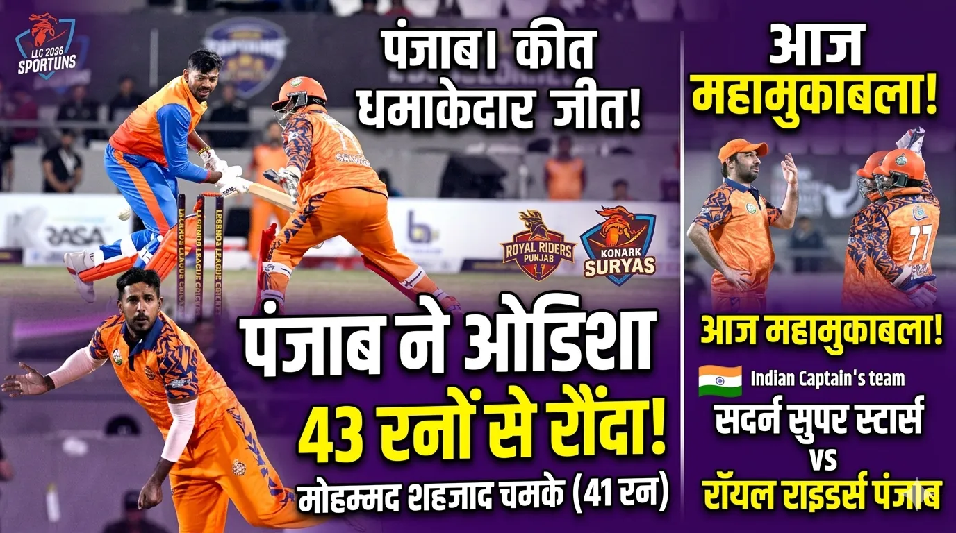रॉयल राइडर्स पंजाब ने कोनार्क सूर्यास ओडिशा को 43 रनों से हराया,