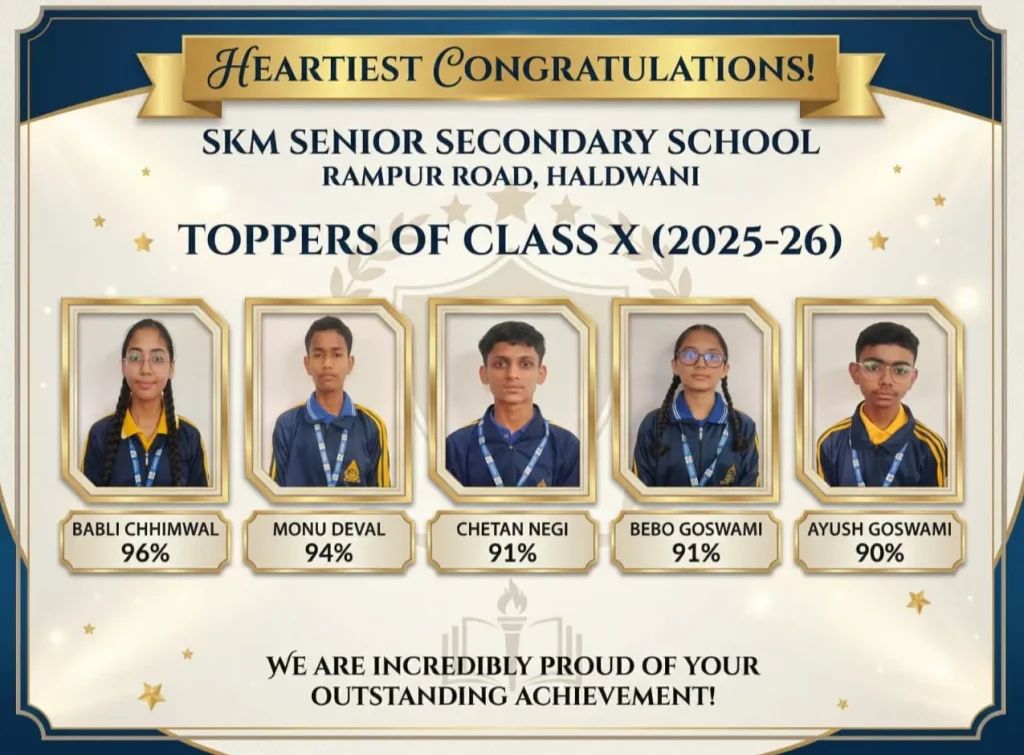 हल्द्वानी: एसकेएम सीनियर सेकेंडरी स्कूल के छात्रों ने 10वीं बोर्ड में मारी बाजी, 5 छात्रों ने पाए 90% से अधिक अंक