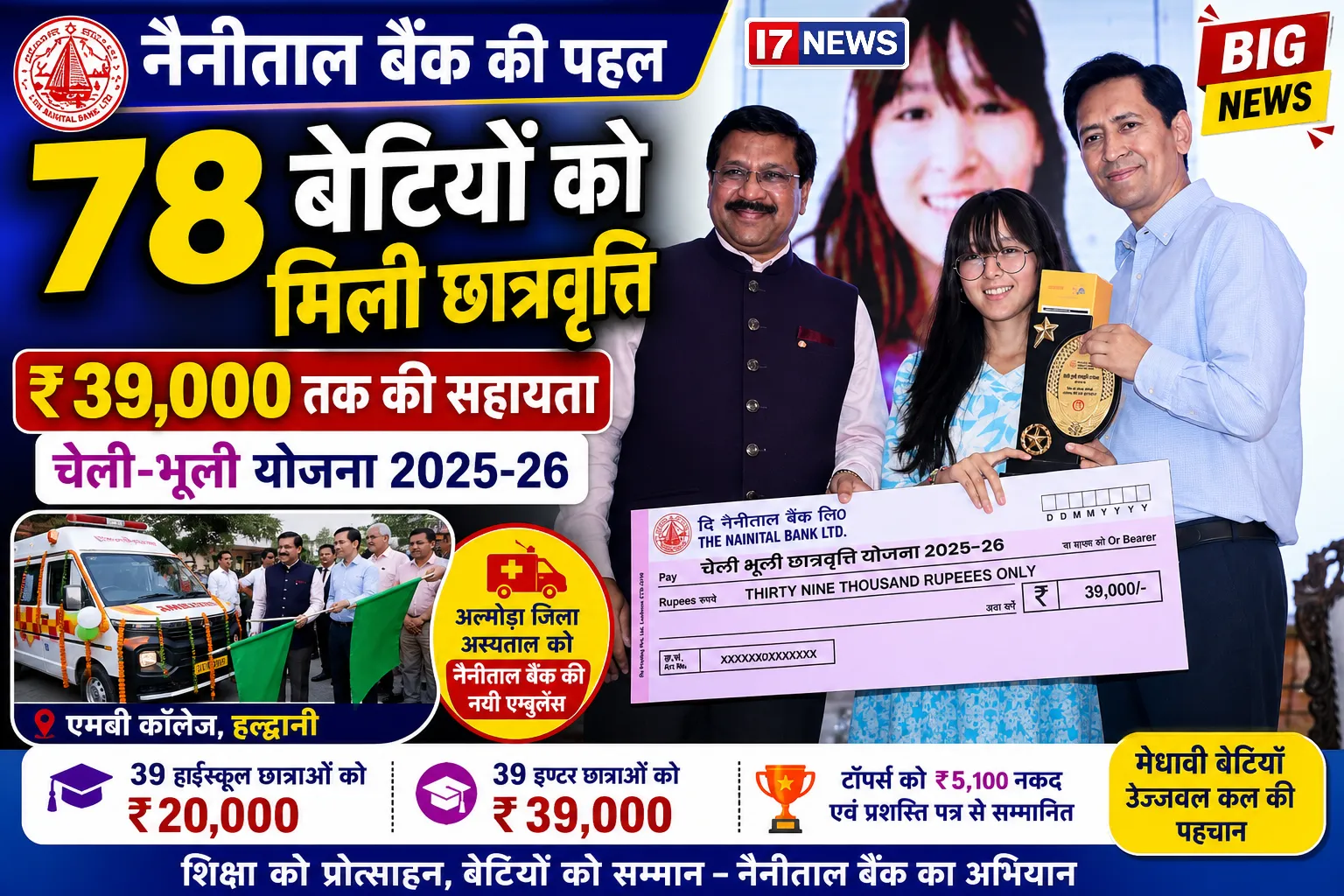नैनीताल बैंक की ‘चेली-भूली’ योजना: 78 मेधावी छात्राओं को छात्रवृत्ति, अल्मोड़ा अस्पताल को मिली एम्बुलेंस