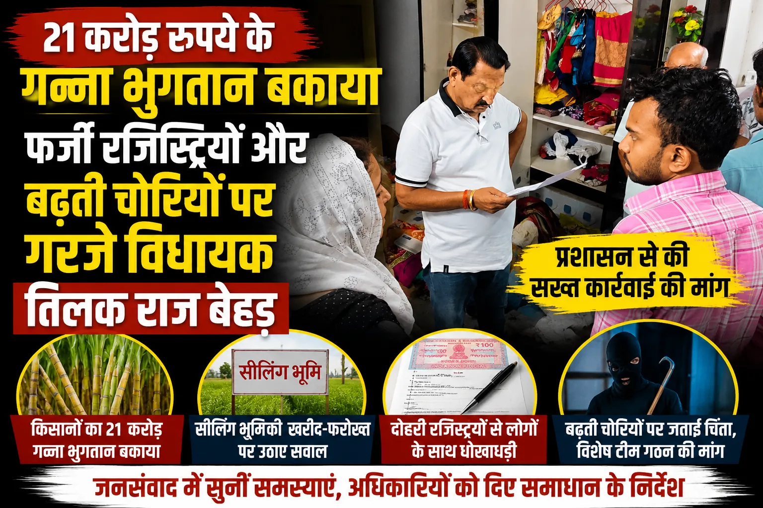 21 करोड़ रुपये के गन्ना भुगतान, फर्जी रजिस्ट्रियों और बढ़ती चोरियों पर गरजे विधायक तिलक राज बेहड़