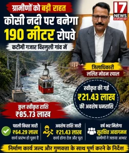 कोसी नदी पर बनेगा 190 मीटर रोपवे, डीएम ने जारी की ₹21.43 लाख की अंतिम किस्त, जल्द शुरू होगा निर्माण कार्य
