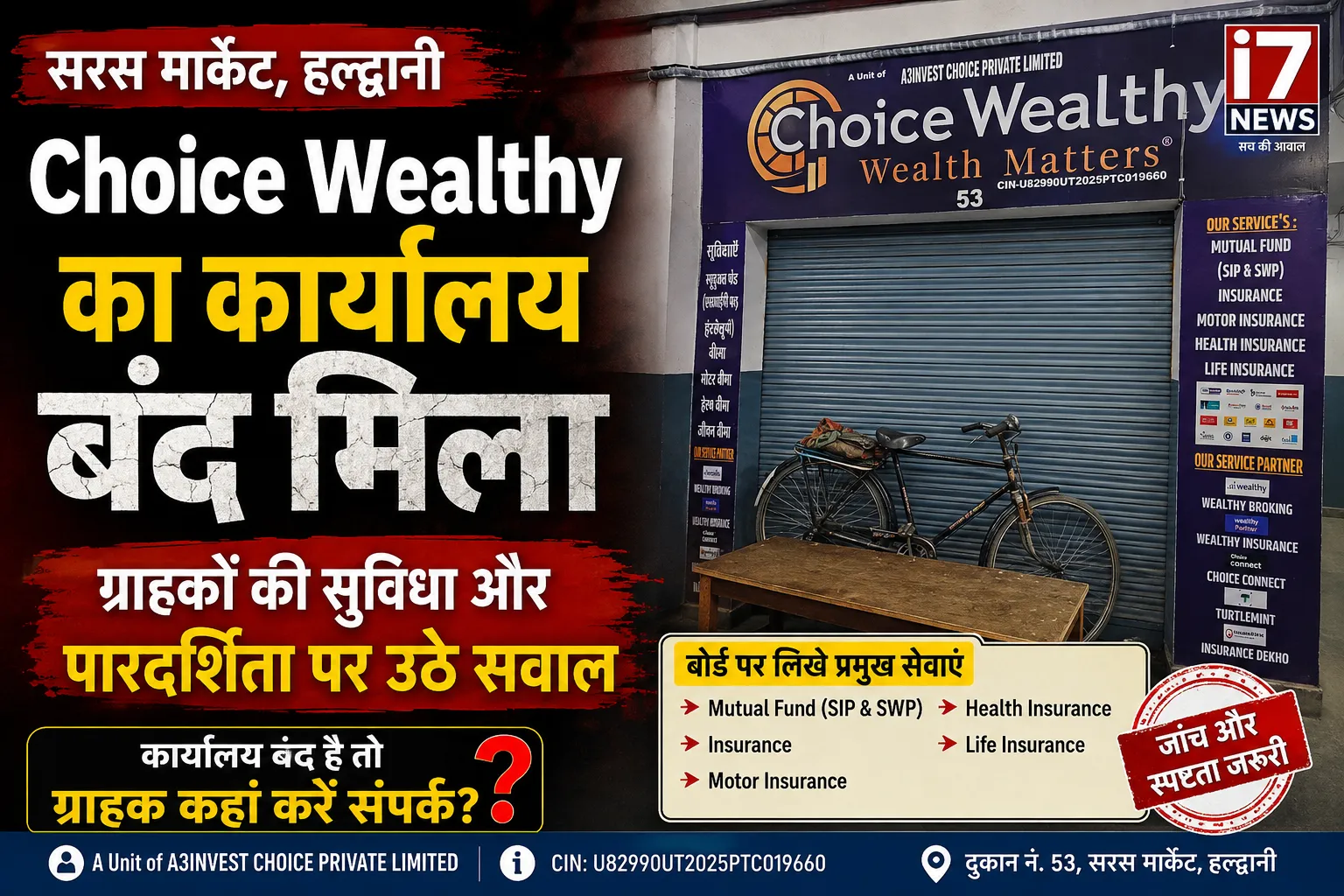 सरस मार्केट में Choice Wealthy का कार्यालय बंद मिला, ग्राहकों के लिए संपर्क व्यवस्था पर जानकारी का इंतजार